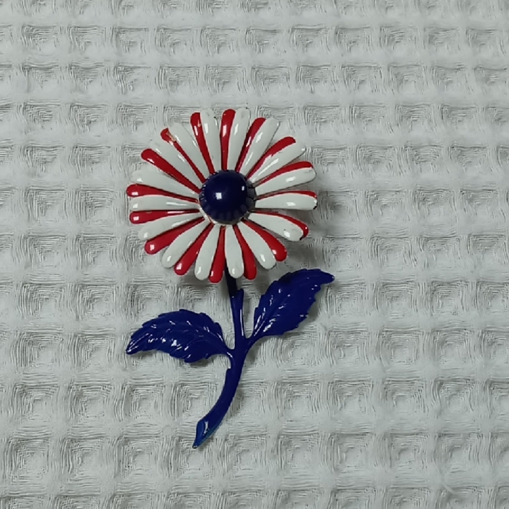 Vintage Enamel Red and White Flower Brooch with Blue Stem
